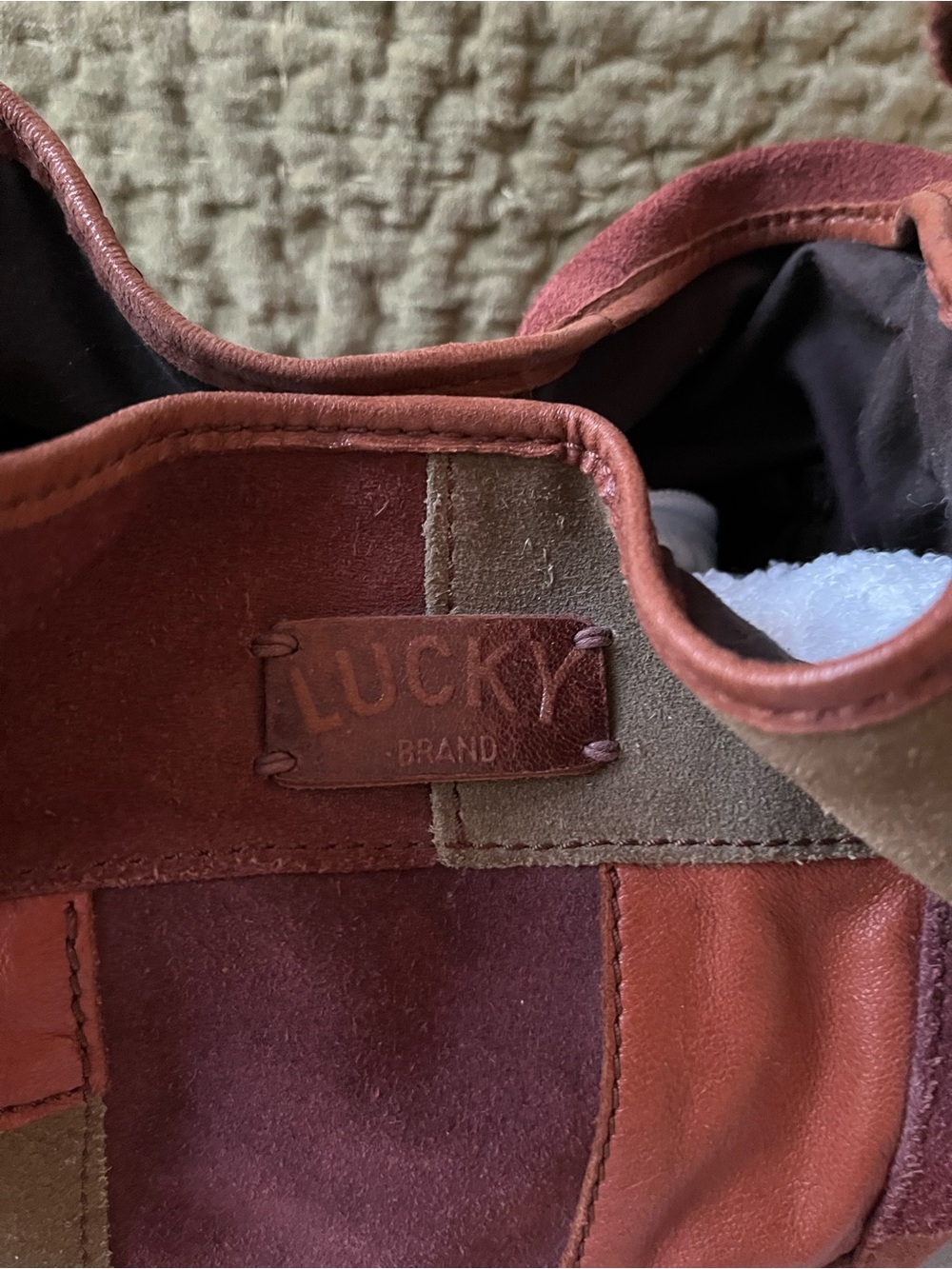 Vintage Leather Suede Lucky Brand Patchwork Shoulder Bag in Brown and Olive - Picture 2 of 5